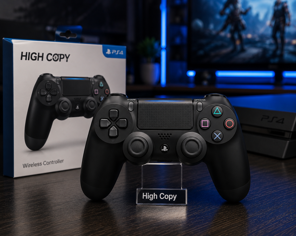 دسته بازی PS4 High Copy مشکی در استاپ گیمینگ حرفه ای با نورپردازی آبی و طراحی مدرن.دسته بازی PS4 High Copy مشکی در استاپ گیمینگ حرفه ای با نورپردازی آبی و طراحی مدرن.